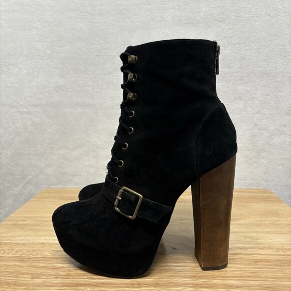 Steve Madden Carnaby Black Suede Lace-Up Platform Boots | Chunky Wooden Heel 6.5 - Picture 4 of 13